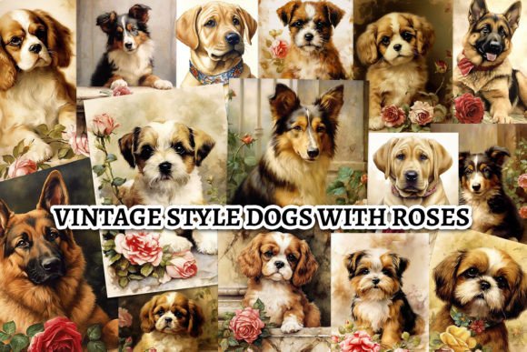 Download A4 Vintage Style Dogs with Roses Bundle - Vintage style Collection