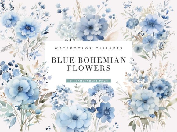 Download Watercolor Blue Bohemian Flower Clipart - Flower clipart Collection